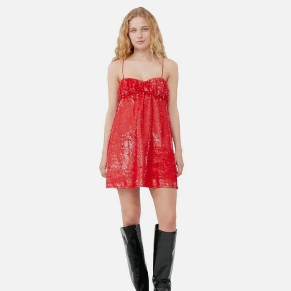 Ganni Ruffle Trim Red Sequin Babydoll Mini Dress - Picture 4 of 4